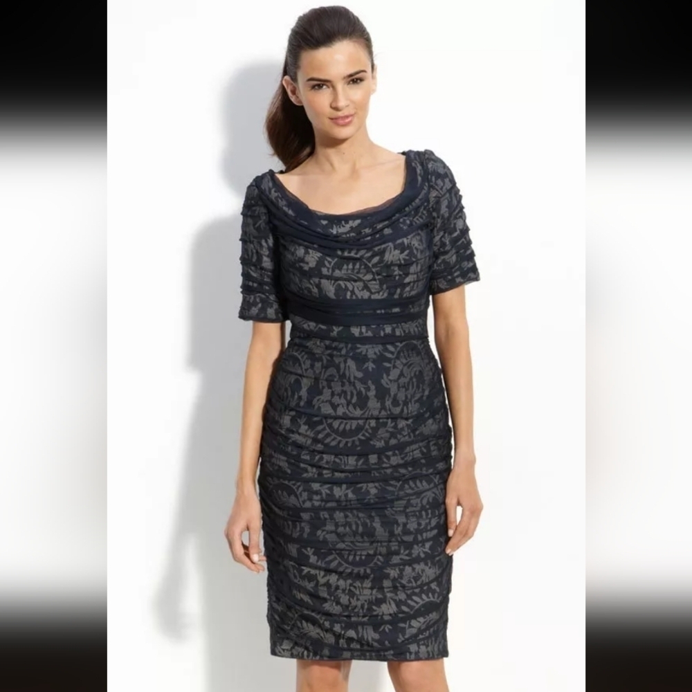 Tadashi Shoji Mesh Silk Overlay Embroidered Sheath Dress